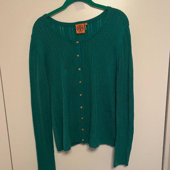 Tory Burch Sweaters - TORY BURCH Merino Wool Crew Neck Button-Down Sweater, Green, Size XL